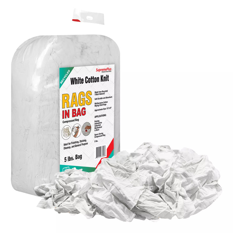 Recycled white knit T-shirt cleaning rags in a 5-pound bag, industrial towels by Wiping Hub for durable cleaning.