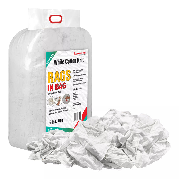 Recycled white knit T-shirt cleaning rags in a 5-pound bag, industrial towels by Wiping Hub for durable cleaning use.