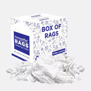 Recycled white knit industrial towels from Wiping Hub, 10 lbs box of reusable cleaning rags for industrial use.