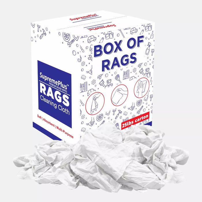 Recycled white knit industrial towels by Wiping Hub, 25 lb box of reusable cleaning rags for industrial use.