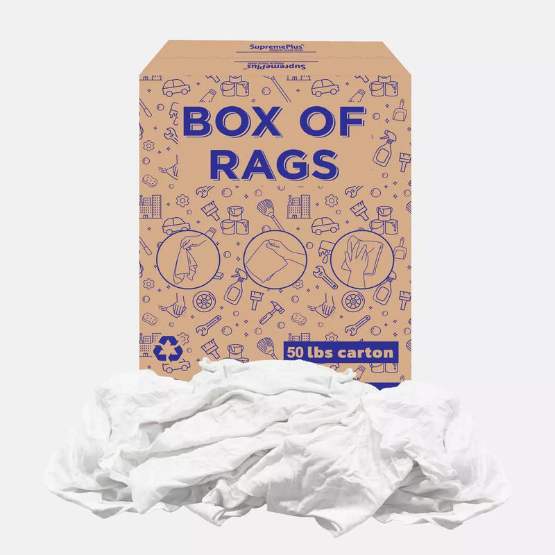Recycled white knit industrial towels by Wiping Hub, 50 lbs box of reusable cleaning rags for industrial use