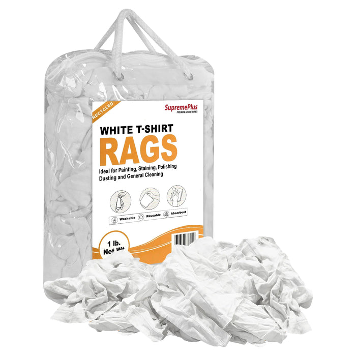 Recycled White Knit T-Shirt Cleaning Rags - 1 lb. Bag - Pack of 24 - Wiping Hub