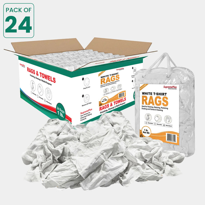 Recycled White Knit T-Shirt Cleaning Rags - 1 lb. Bag - Pack of 24 - Wiping Hub