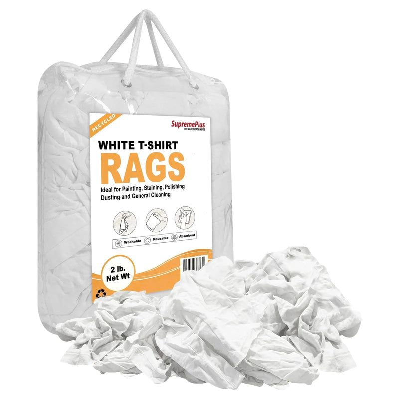 Recycled White Knit T-Shirt Cleaning Rags - 2 lbs. Bag - Pack of 12 - Wiping Hub
