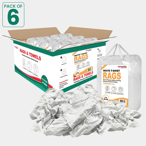 Recycled White Knit T-Shirt Cleaning Rags - 4 lbs. Bag - Pack of 6 - Wiping Hub