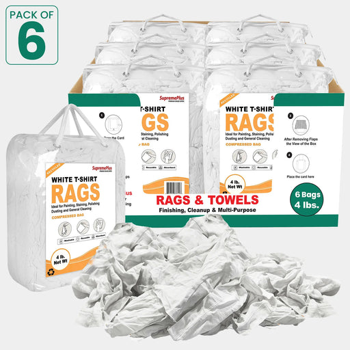 Recycled White Knit T-Shirt Cleaning Rags - 4 lbs. Bag - Pack of 6 - Wiping Hub