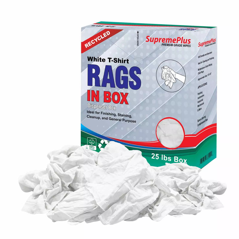 Recycled white knit industrial cleaning rags in a compressed box, 25 lbs, from Wiping Hub, ideal for cleaning and wiping tasks.