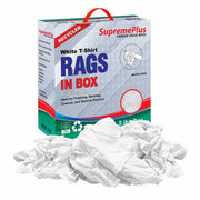 Recycled white knit industrial towels from Wiping Hub in a compressed 5-lb box, ideal for cleaning and wiping tasks.