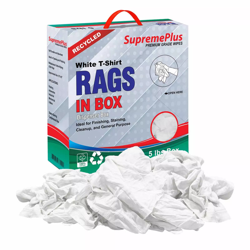 Recycled white knit industrial towels from Wiping Hub in a compressed 5-lb box, ideal for cleaning and wiping tasks.