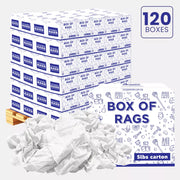 Recycled white knit T-shirt cleaning rags in a pallet box, industrial towels by Wiping Hub for cleaning and wiping tasks