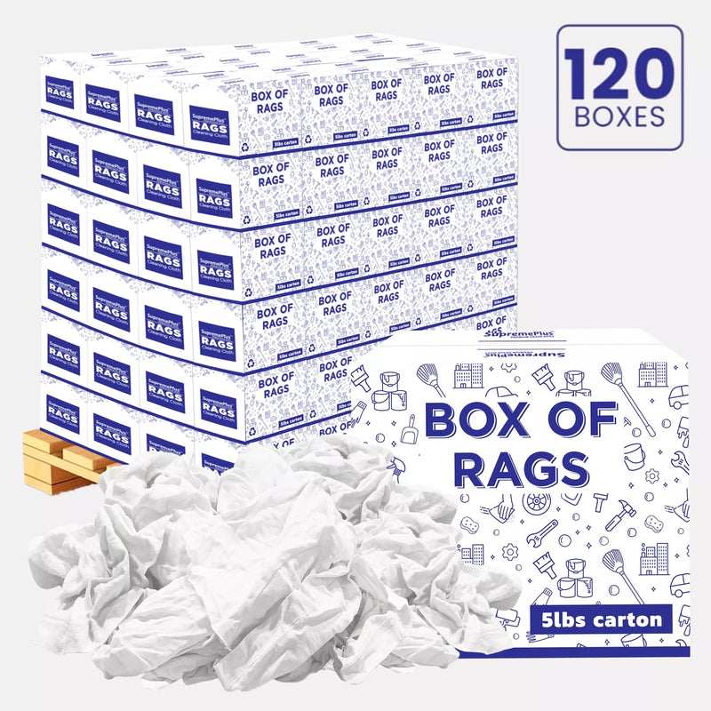 Recycled white knit T-shirt cleaning rags in a pallet box, industrial towels by Wiping Hub for cleaning and wiping tasks