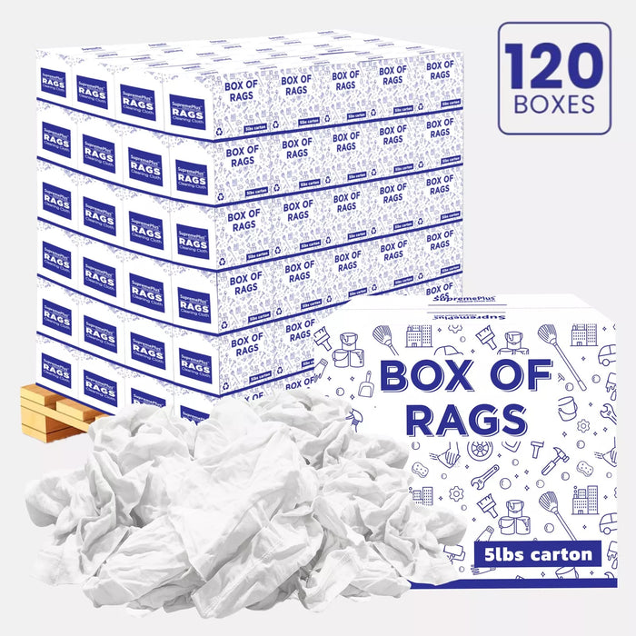 Recycled white knit T-shirt cleaning rags in a pallet box, industrial towels by Wiping Hub for cleaning and wiping tasks