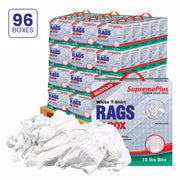 Recycled white knit T-shirt cleaning rags from Wiping Hub, industrial towels in a compressed pallet box for industrial use.