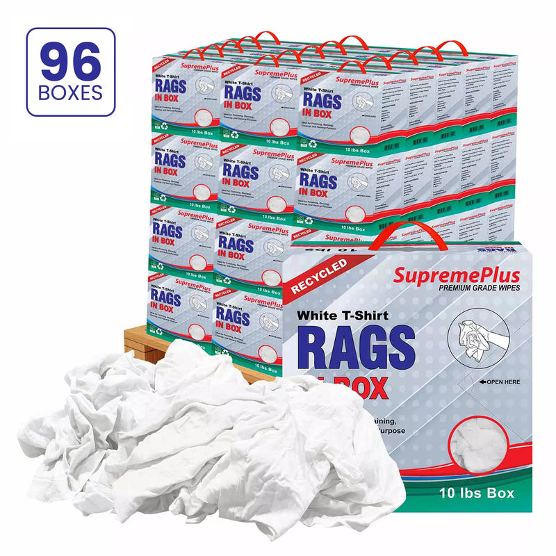 Recycled white knit T-shirt cleaning rags from Wiping Hub, industrial towels in a compressed pallet box for industrial use.