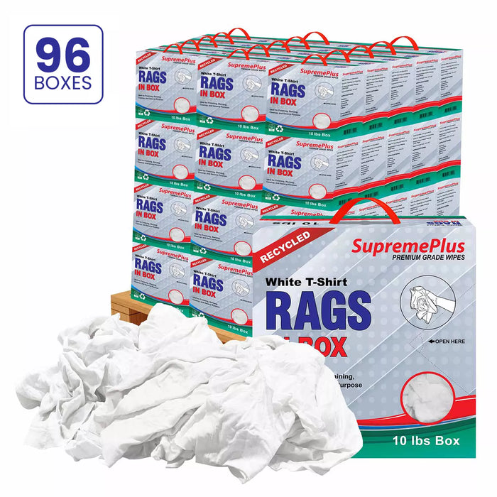 Recycled white knit T-shirt cleaning rags from Wiping Hub, industrial towels in a compressed pallet box for industrial use.