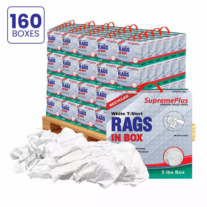 Recycled white knit T-shirt cleaning rags from Wiping Hub, industrial towels in a compressed pallet box, 5 lbs.