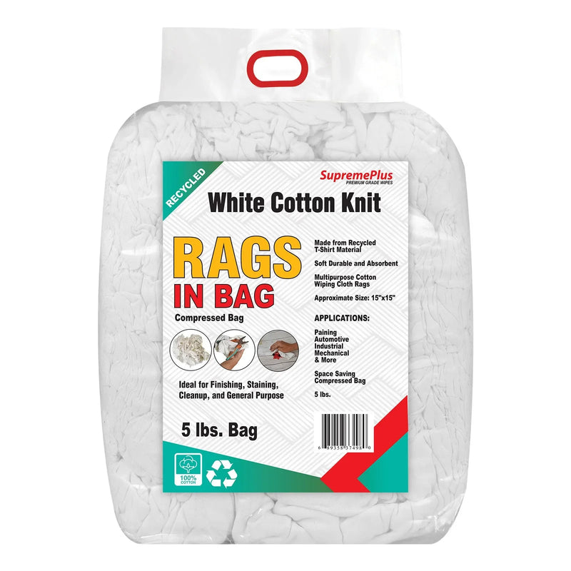 Recycled White Knit T-Shirt Cleaning Rags - 5 lbs Bags - Wiping Hub