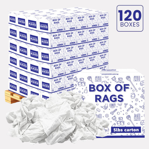 Recycled White Knit T-Shirt Cleaning Rags - 600 lbs Pallet - 120 x 5 lbs Boxes - Wiping Hub