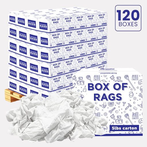 Recycled White Knit T-Shirt Cleaning Rags - 600 lbs. Pallet - 120 x 5 lbs. Boxes - Wiping Hub