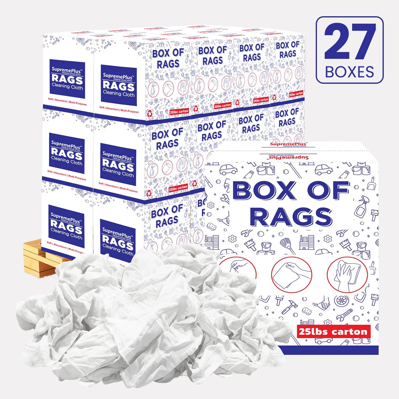Recycled White Knit T-Shirt Cleaning Rags - 675 lbs. Pallet - 27 x 25 lbs. Boxes - Wiping Hub