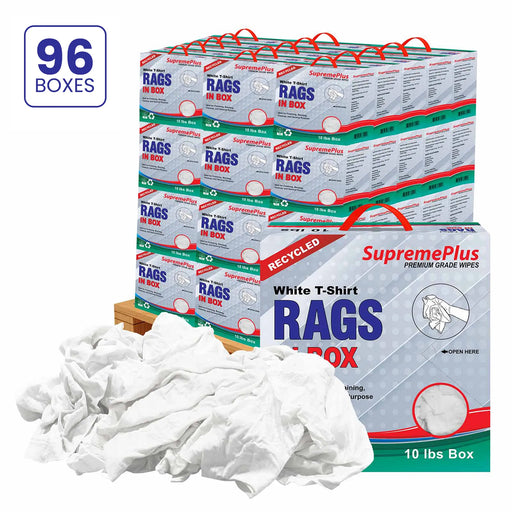 Recycled White Knit T-Shirt Cleaning Rags - 960 lbs. Pallet - 96 x 10 lbs. Compressed Boxes - Wiping Hub