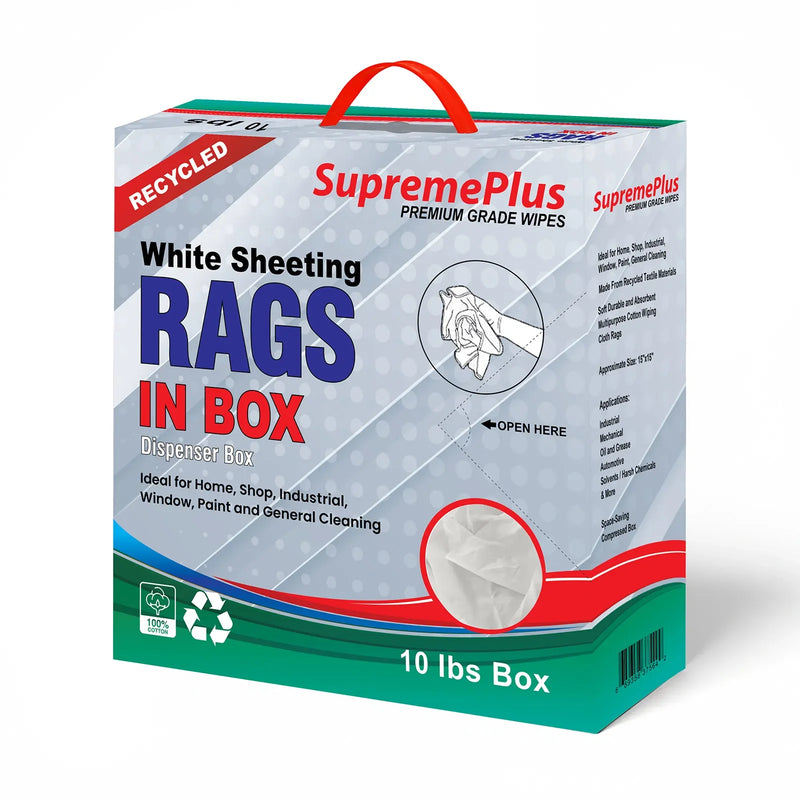 Recycled White Sheeting Cleaning Rags - 10 lbs. Compressed Box - Wiping Hub