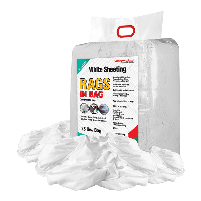 Recycled White Sheeting Cleaning Rags - 25 lbs. Bag - Wiping Hub