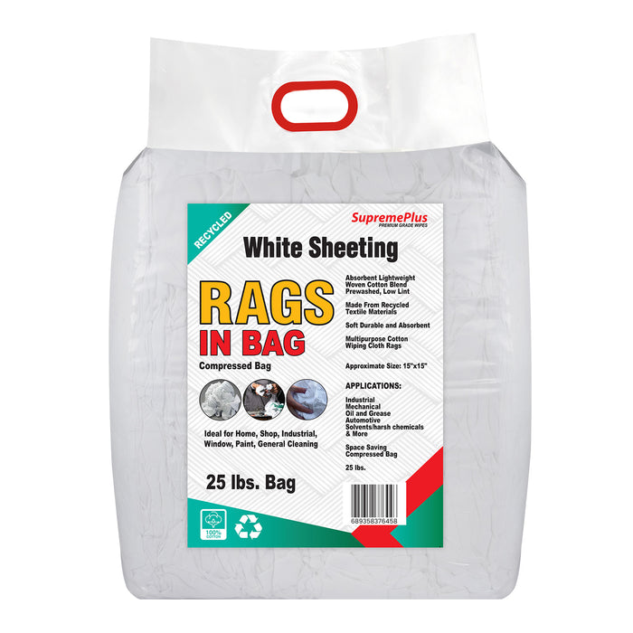 Recycled White Sheeting Cleaning Rags - 25 lbs. Bag - Wiping Hub