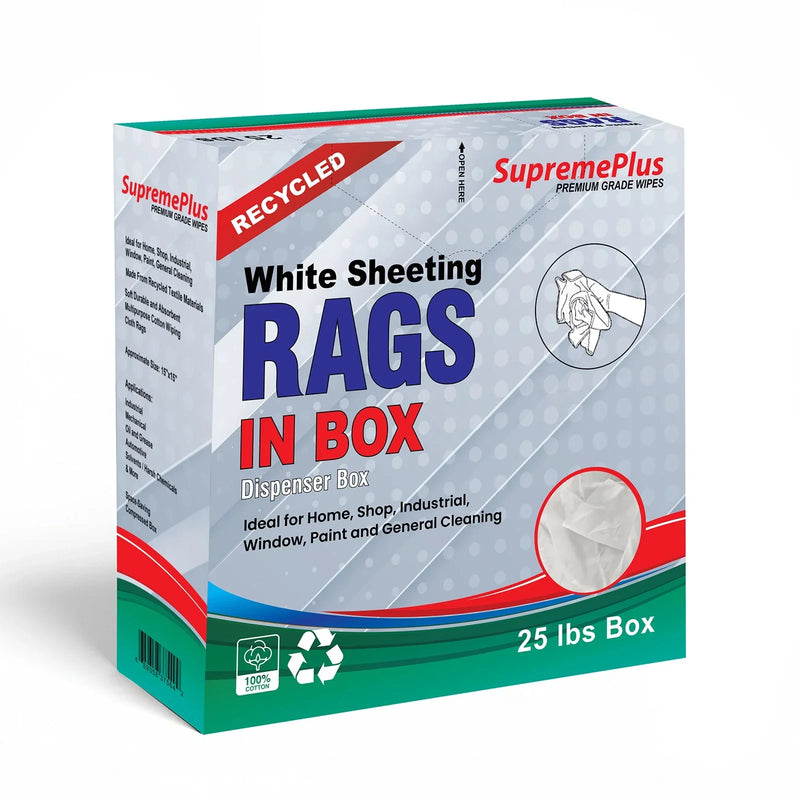 Recycled White Sheeting Cleaning Rags - 25 lbs. Compressed Box - Wiping Hub