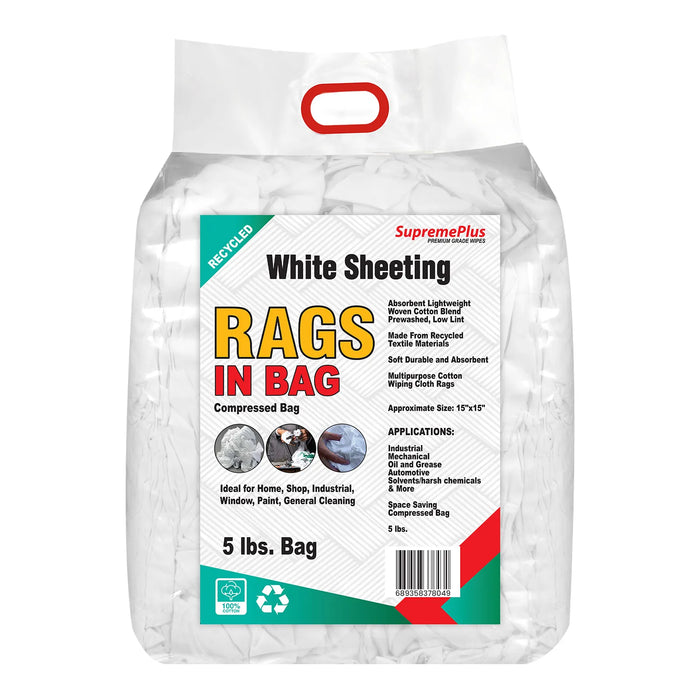 Recycled White Sheeting Cleaning Rags - 5 lbs. Bag - Wiping Hub