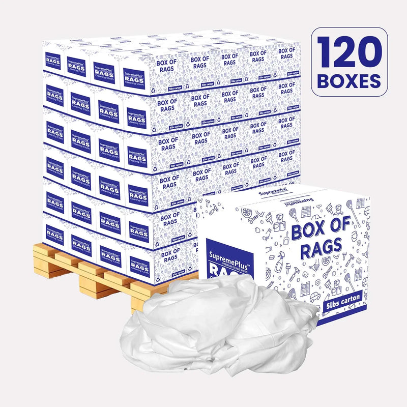 Recycled White Sheeting Cleaning Rags – 600 lbs Pallet – 120 × 5 lbs Boxes – Wiping Hub