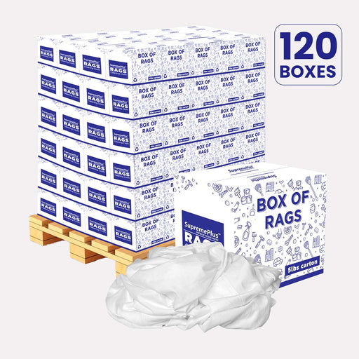 Recycled White Sheeting Cleaning Rags - 600 lbs. Pallet - 120 x 5 lbs. Boxes - Wiping Hub