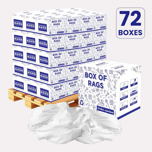 Recycled White Sheeting Cleaning Rags – 720 lbs Pallet – 72 × 10 lbs Boxes – Wiping Hub