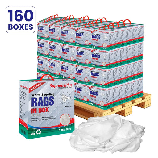 Recycled White Sheeting Cleaning Rags - 800 lbs Pallet 160x5 lbs Compressed Box - Wiping Hub
