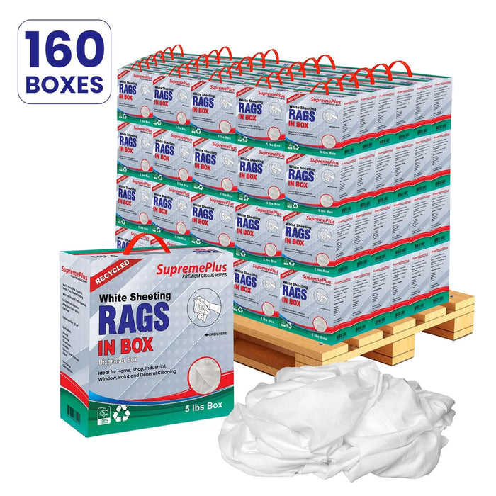 Recycled White Sheeting Cleaning Rags - 800 lbs Pallet 160x5 lbs Compressed Box - Wiping Hub