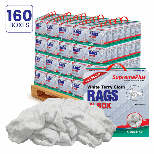 Recycled White Terry Towel Cleaning Rags - 800 lbs. Pallet - 160 x 5 lbs. Compressed Boxes - Wiping Hub