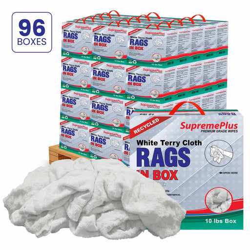 Recycled White Terry Towel Cleaning Rags - 960 lbs. Pallet - 96 x 10 lbs. Compressed Boxes - Wiping Hub