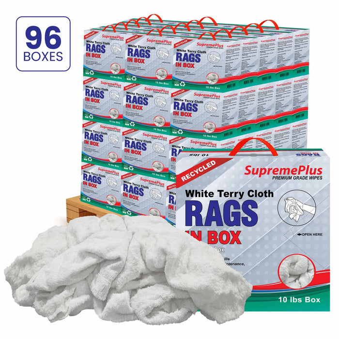 Recycled White Terry Towel Cleaning Rags - 960 lbs. Pallet - 96 x 10 lbs. Compressed Boxes - Wiping Hub