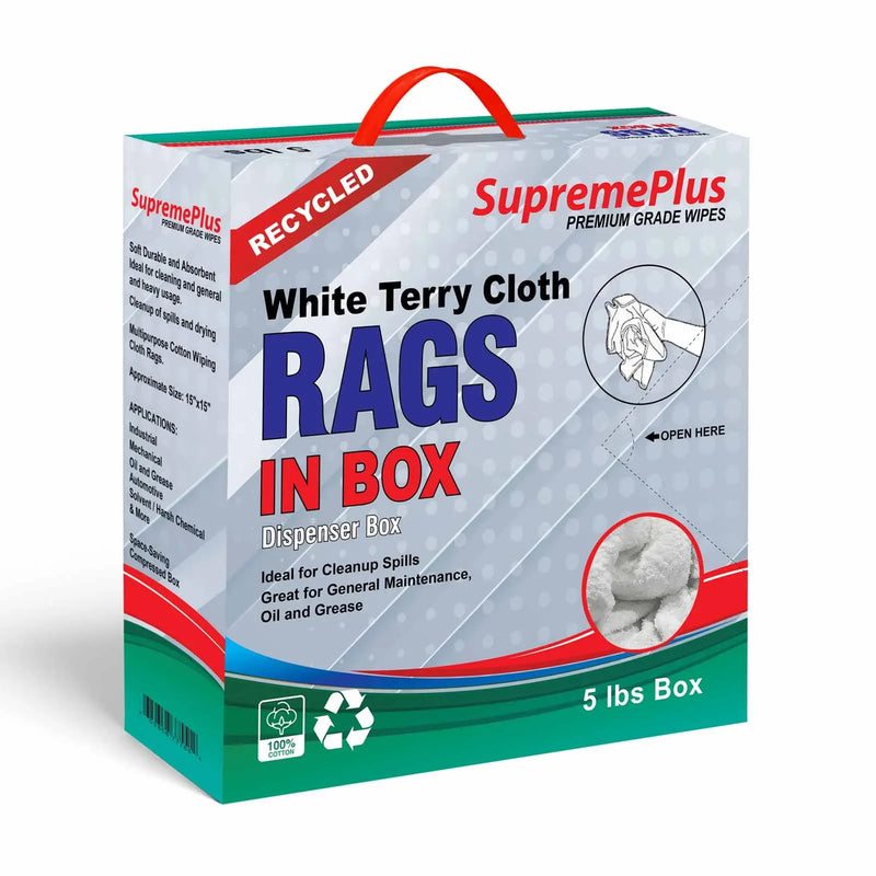 Recycled White Terry Towel Cleaning Rags - 800 lbs. Pallet - 160 x 5 lbs. Compressed Boxes - Wiping Hub