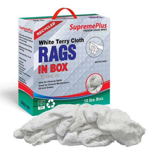 Recycled White Terry Towel Cleaning Rags - 10 lbs. Compressed Box - Wiping Hub