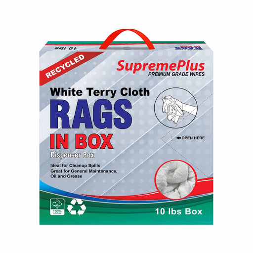 Recycled White Terry Towel Cleaning Rags - 10 lbs. Compressed Box - Wiping Hub