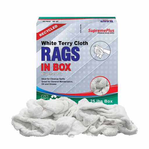 Recycled White Terry Towel Cleaning Rags - 25 lbs. Compressed Box - Wiping Hub
