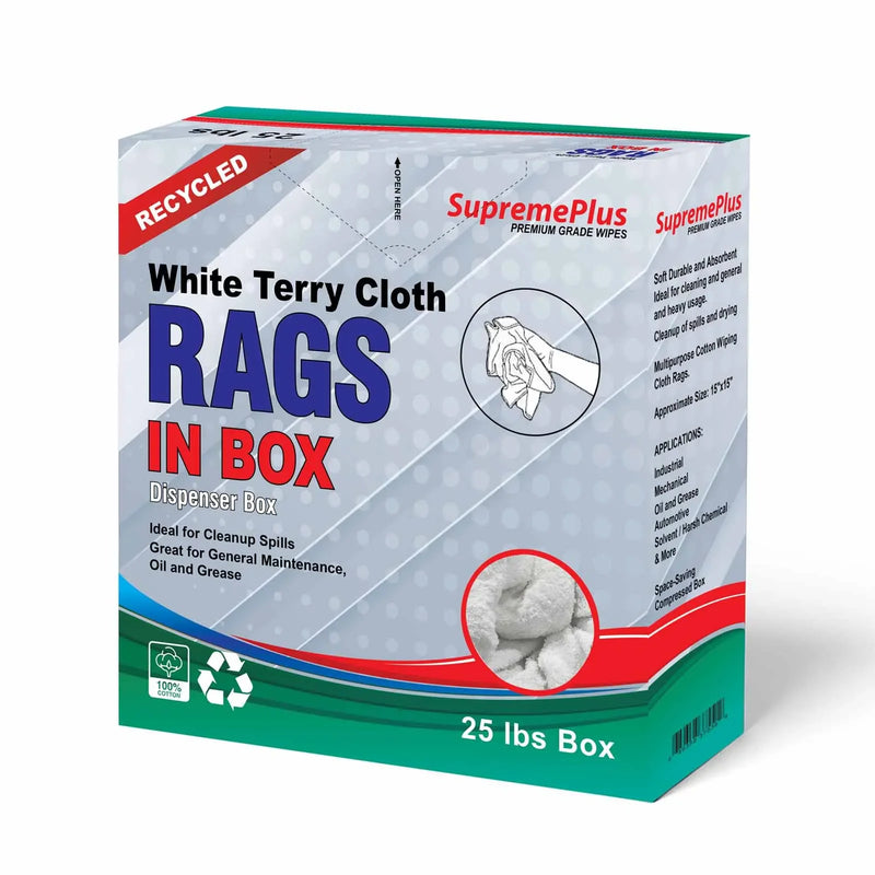 Recycled White Terry Towel Cleaning Rags - 25 lbs. Compressed Box - Wiping Hub