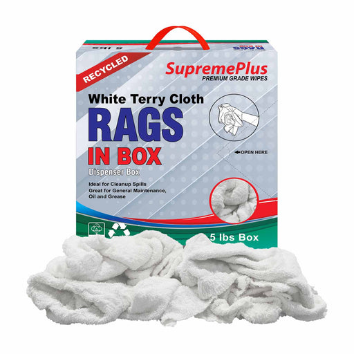 Recycled White Terry Towel Cleaning Rags – 5 lbs Compressed Box – Wiping Hub