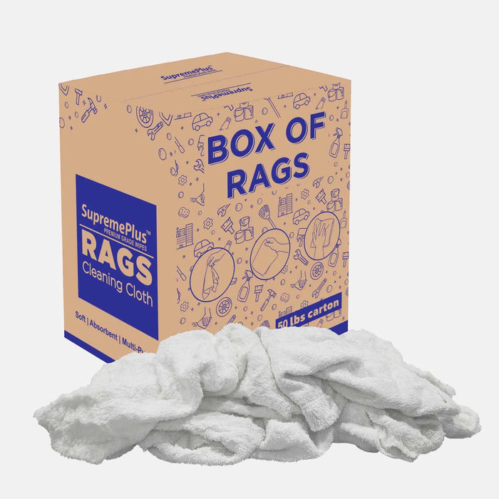 Recycled White Terry Towel Cleaning Rags - 50 lbs. Box - Wiping Hub
