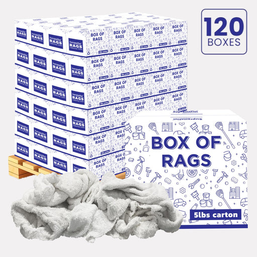 Recycled White Terry Towel Cleaning Rags – 600 lbs Pallet – 120 × 5 lbs Boxes – Wiping Hub