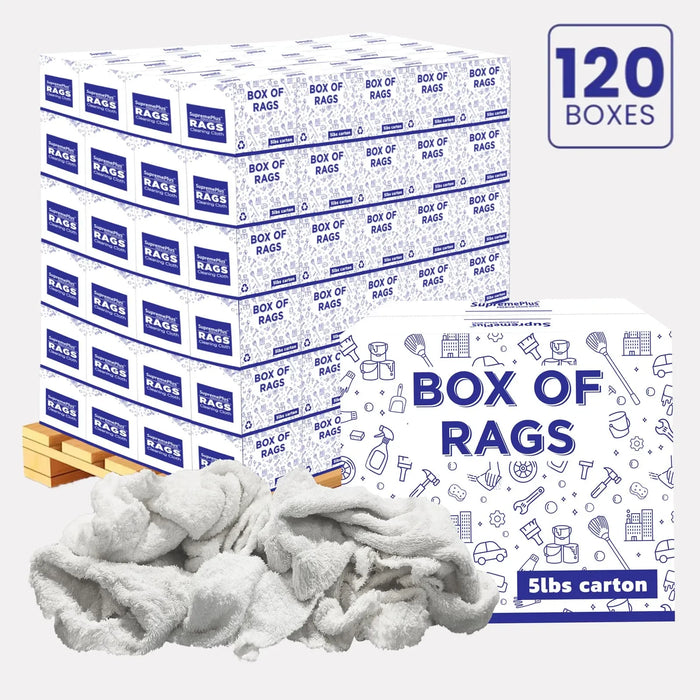 Recycled White Terry Towel Cleaning Rags - 600 lbs. Pallet - 120 x 5 lbs. Boxes - Wiping Hub