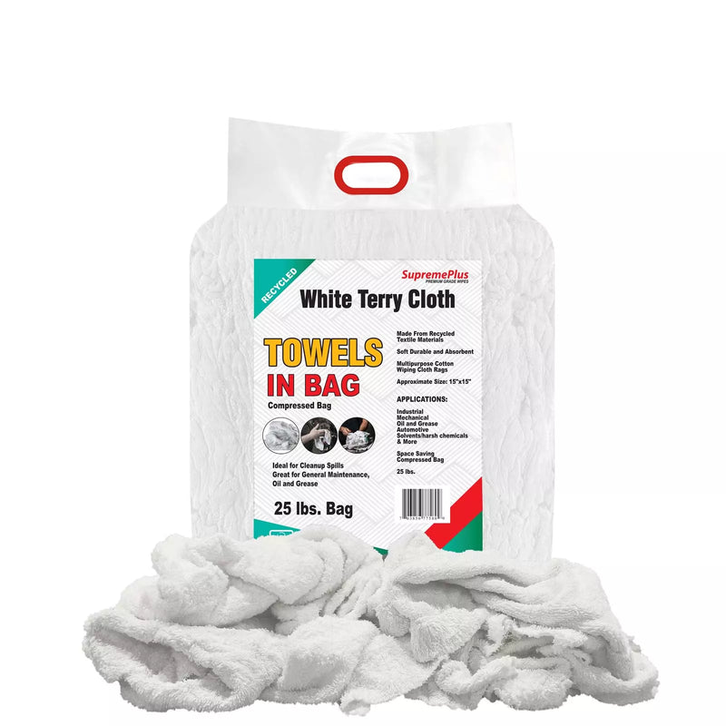 Recycled White Terry Towel Cleaning Rags - 25 lbs. Bag