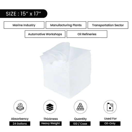 Oil-Only Meltblown Heavy Sorbent Pads - Heavy Weight - 15" x 17" - Wiping Hub