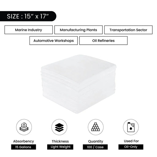 Oil-Only Meltblown Sorbent Pads - Light Weight - 15" x 17" - 100/Case - Wiping Hub